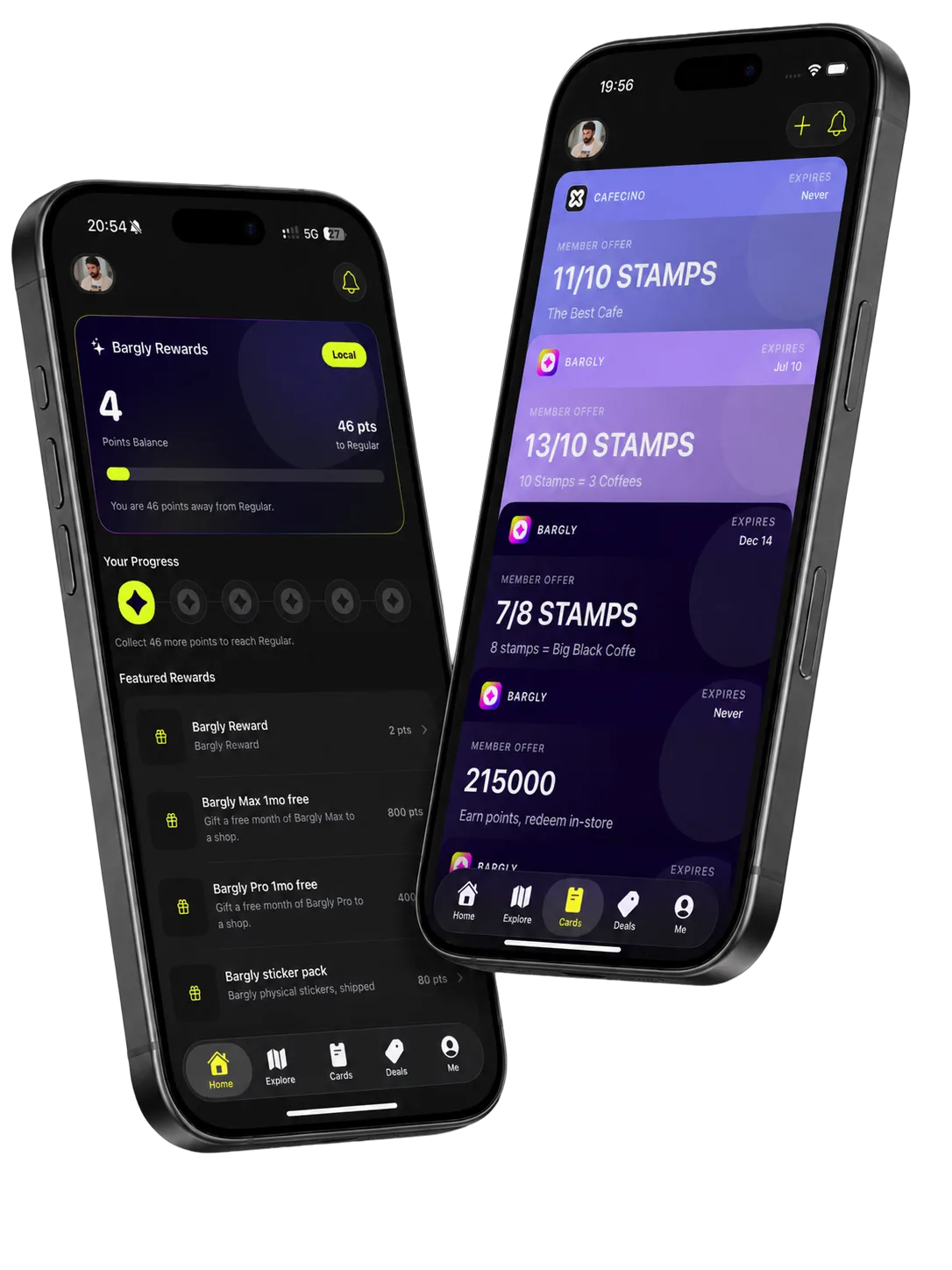 The Bargly app shown on two phones: loyalty cards and rewards